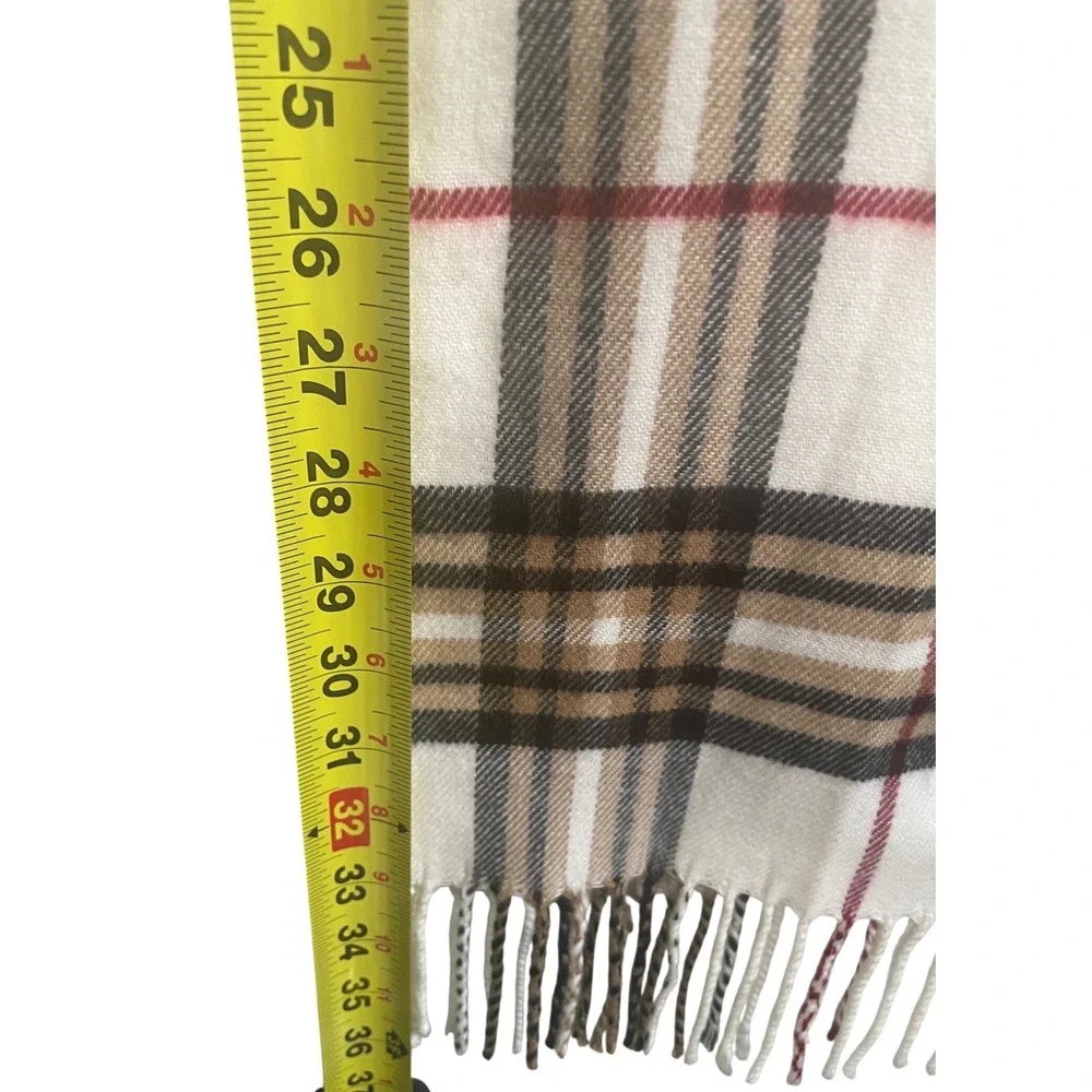 100% Cashmere Plaid Scarf Made in Scotland Cream Tan Black Check Fringe Trim